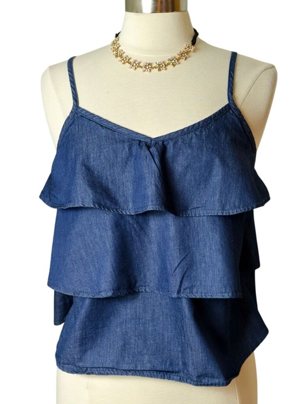 Hyfve Womens M Ruffle Layered Tank Y2k Blue Denim Babydoll Tiered Top Vacay